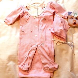 Tapioca 3 Piece Preemie Pink Gingham Sleeper Bonnet & Receiving Blanket Vintage